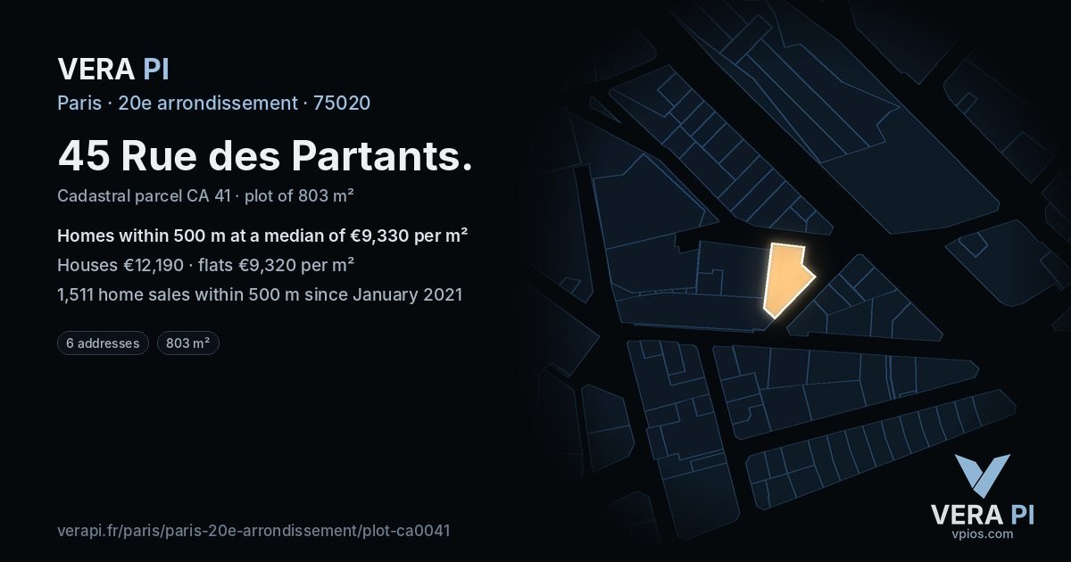 45 Rue des Partants, 20e arrondissement at night – the plot lit, the parcels around coloured by the prices near them