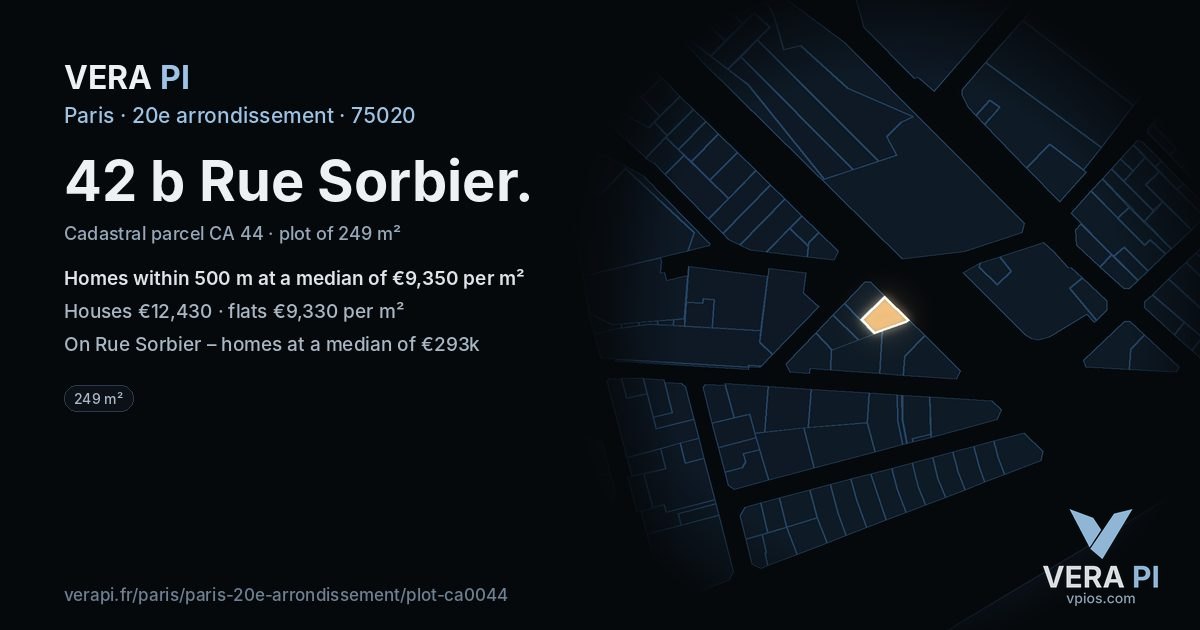 42 b Rue Sorbier, 20e arrondissement at night – the plot lit, the parcels around coloured by the prices near them
