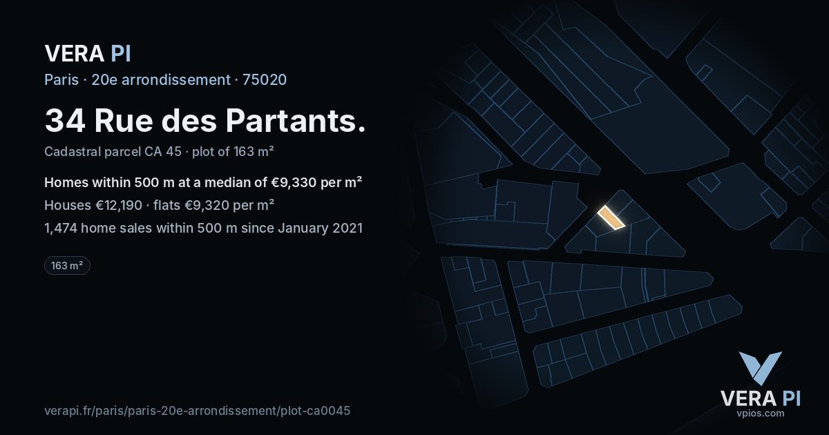 34 Rue des Partants, 20e arrondissement at night – the plot lit, the parcels around coloured by the prices near them