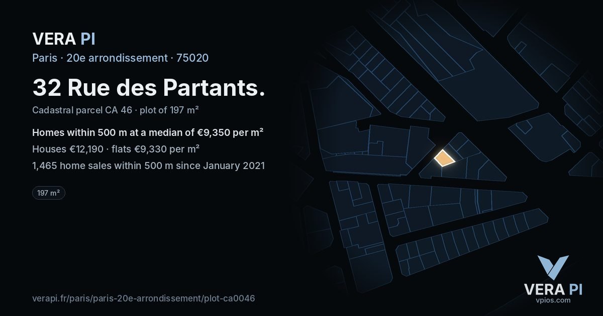 32 Rue des Partants, 20e arrondissement at night – the plot lit, the parcels around coloured by the prices near them