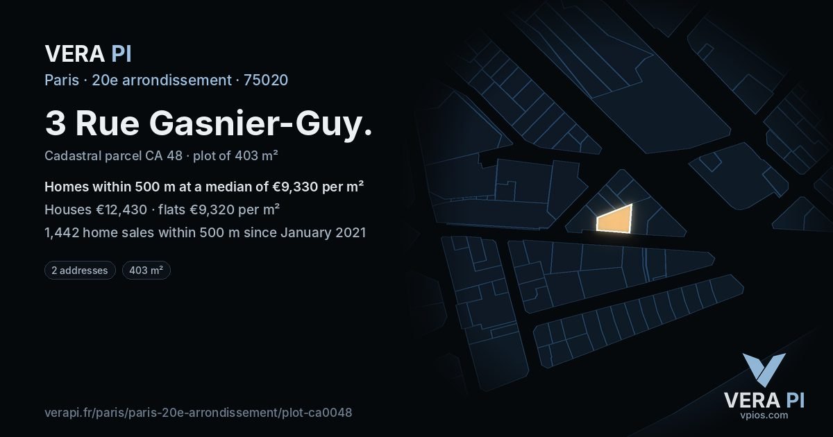 3 Rue Gasnier-Guy, 20e arrondissement at night – the plot lit, the parcels around coloured by the prices near them