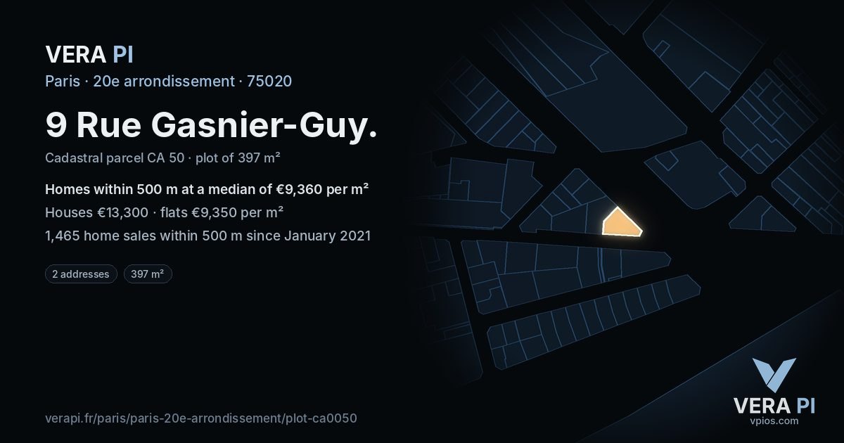 9 Rue Gasnier-Guy, 20e arrondissement at night – the plot lit, the parcels around coloured by the prices near them