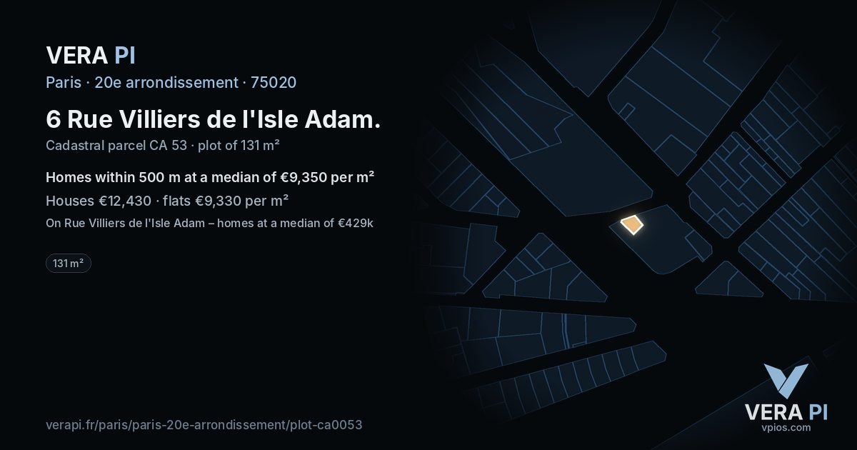 6 Rue Villiers de l'Isle Adam, 20e arrondissement at night – the plot lit, the parcels around coloured by the prices near them