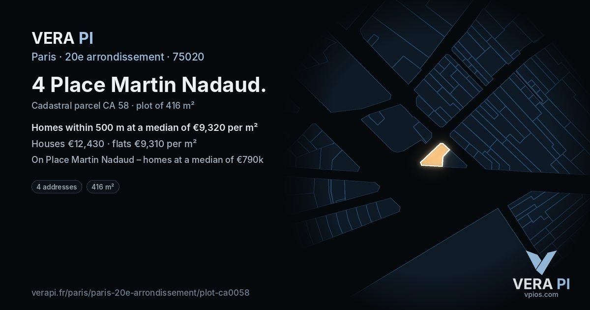 4 Place Martin Nadaud, 20e arrondissement at night – the plot lit, the parcels around coloured by the prices near them
