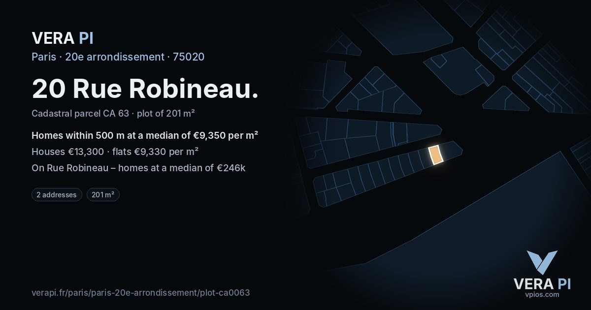 20 Rue Robineau, 20e arrondissement at night – the plot lit, the parcels around coloured by the prices near them