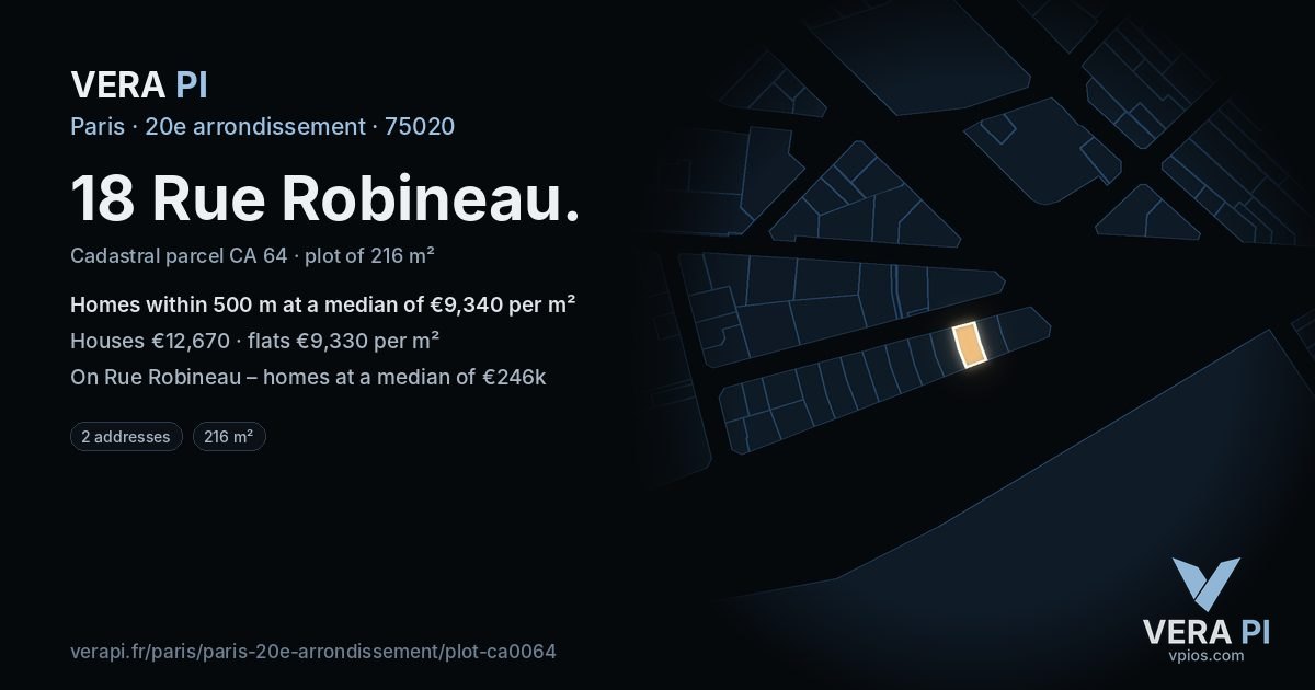 18 Rue Robineau, 20e arrondissement at night – the plot lit, the parcels around coloured by the prices near them