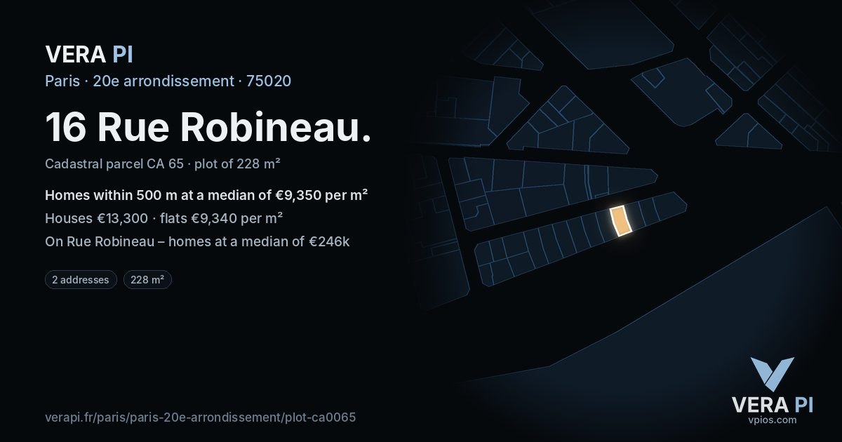 16 Rue Robineau, 20e arrondissement at night – the plot lit, the parcels around coloured by the prices near them