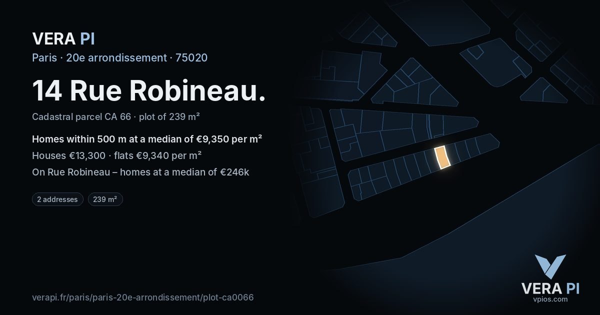14 Rue Robineau, 20e arrondissement at night – the plot lit, the parcels around coloured by the prices near them