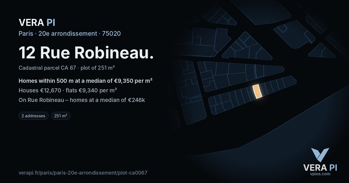 12 Rue Robineau, 20e arrondissement at night – the plot lit, the parcels around coloured by the prices near them