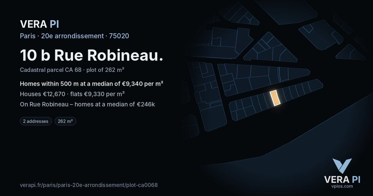 10 b Rue Robineau, 20e arrondissement at night – the plot lit, the parcels around coloured by the prices near them