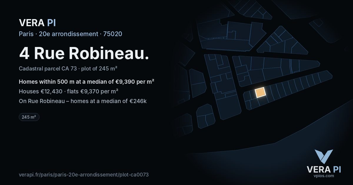 4 Rue Robineau, 20e arrondissement at night – the plot lit, the parcels around coloured by the prices near them