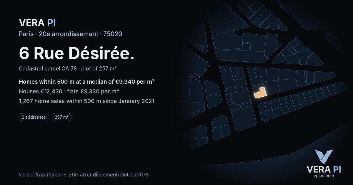 6 Rue Désirée, 20e arrondissement at night – the plot lit, the parcels around coloured by the prices near them