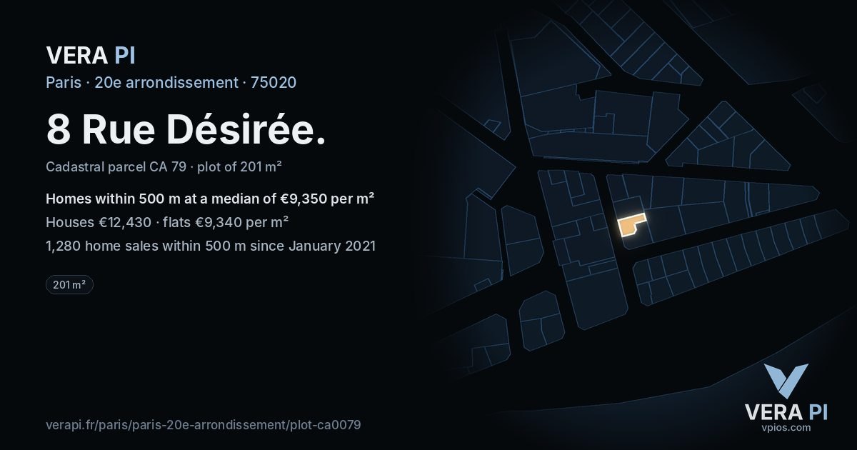 8 Rue Désirée, 20e arrondissement at night – the plot lit, the parcels around coloured by the prices near them