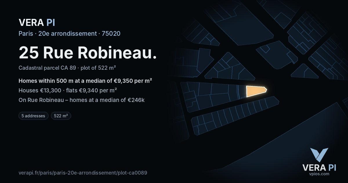 25 Rue Robineau, 20e arrondissement at night – the plot lit, the parcels around coloured by the prices near them