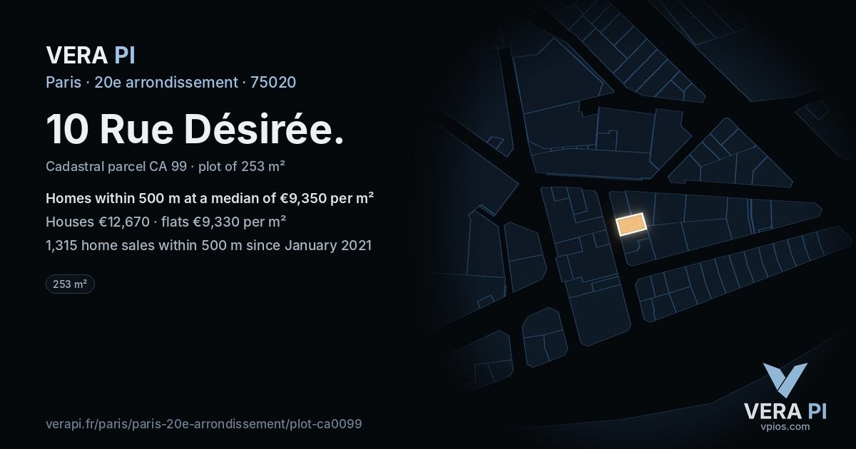10 Rue Désirée, 20e arrondissement at night – the plot lit, the parcels around coloured by the prices near them