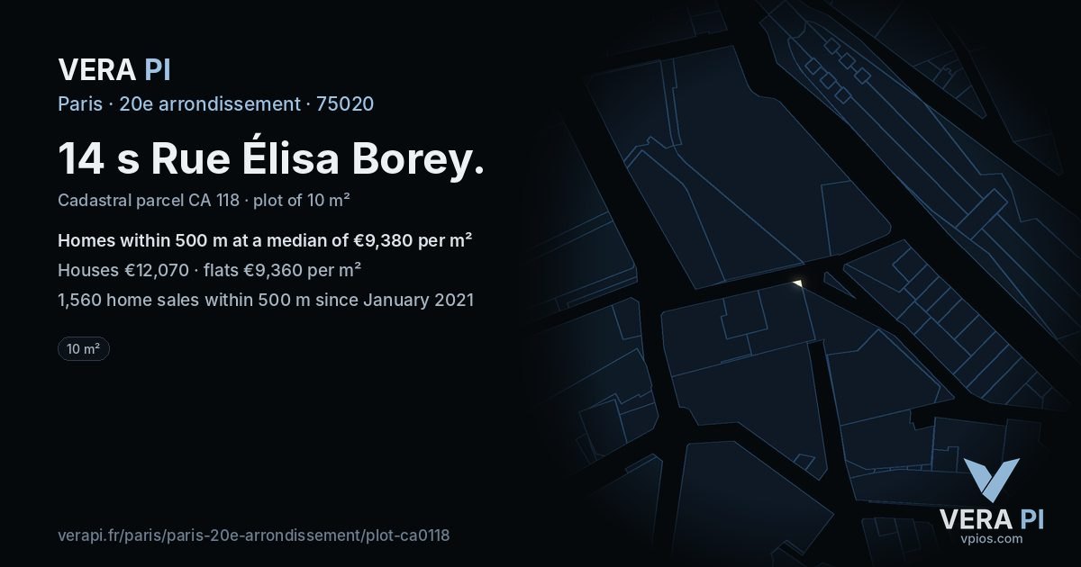 14 s Rue Élisa Borey, 20e arrondissement at night – the plot lit, the parcels around coloured by the prices near them