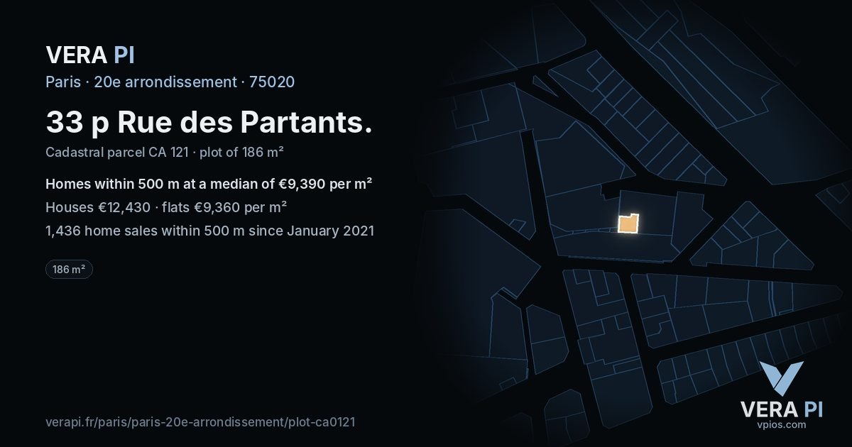 33 p Rue des Partants, 20e arrondissement at night – the plot lit, the parcels around coloured by the prices near them