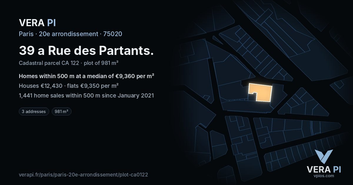 39 a Rue des Partants, 20e arrondissement at night – the plot lit, the parcels around coloured by the prices near them