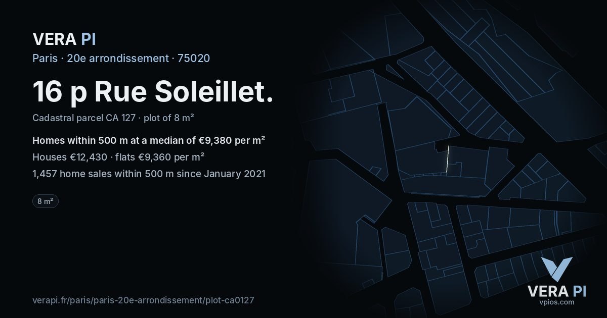 16 p Rue Soleillet, 20e arrondissement at night – the plot lit, the parcels around coloured by the prices near them