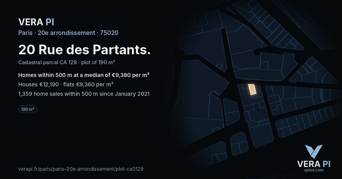 20 Rue des Partants, 20e arrondissement at night – the plot lit, the parcels around coloured by the prices near them