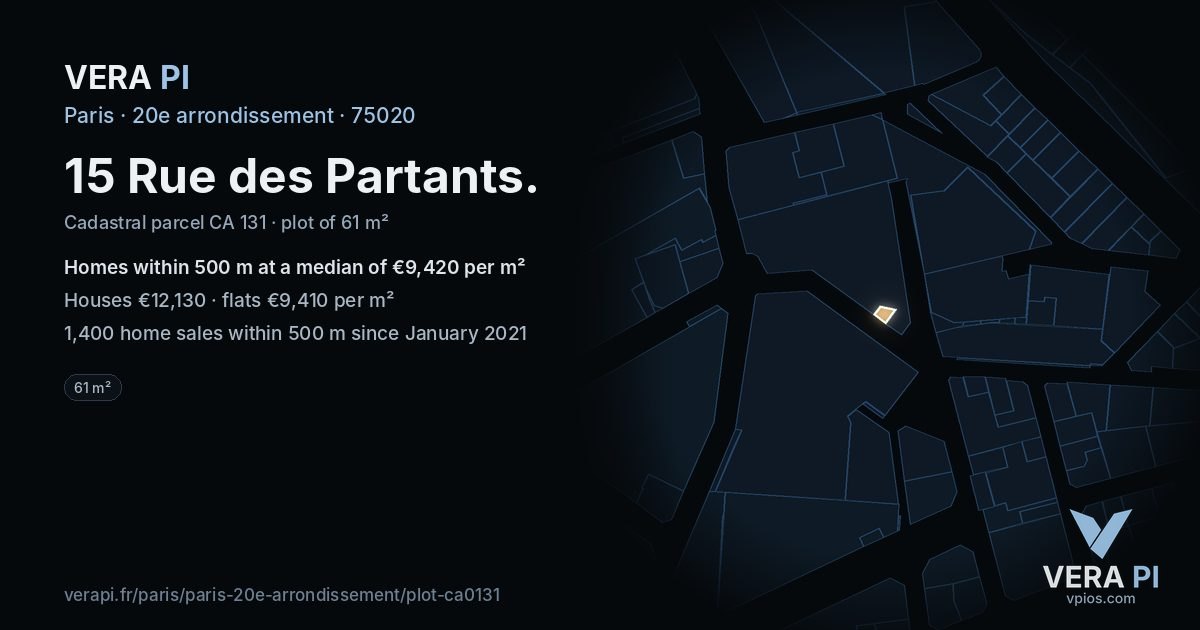 15 Rue des Partants, 20e arrondissement at night – the plot lit, the parcels around coloured by the prices near them