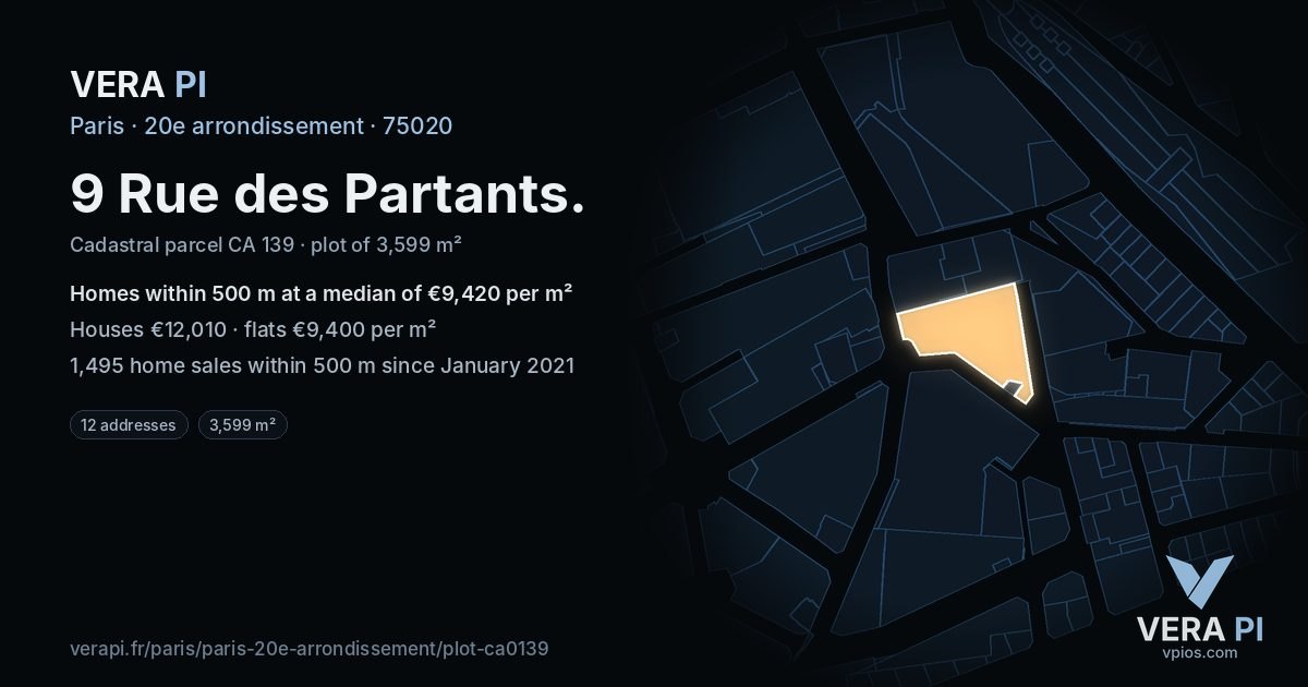 9 Rue des Partants, 20e arrondissement at night – the plot lit, the parcels around coloured by the prices near them