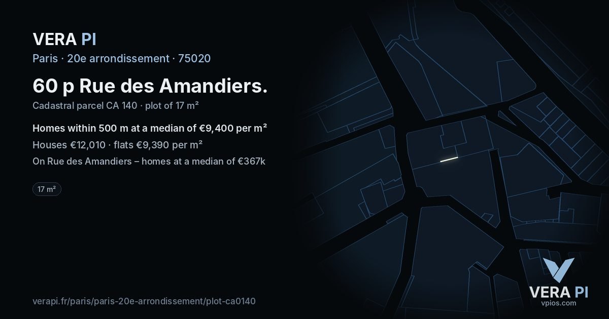 60 p Rue des Amandiers, 20e arrondissement at night – the plot lit, the parcels around coloured by the prices near them