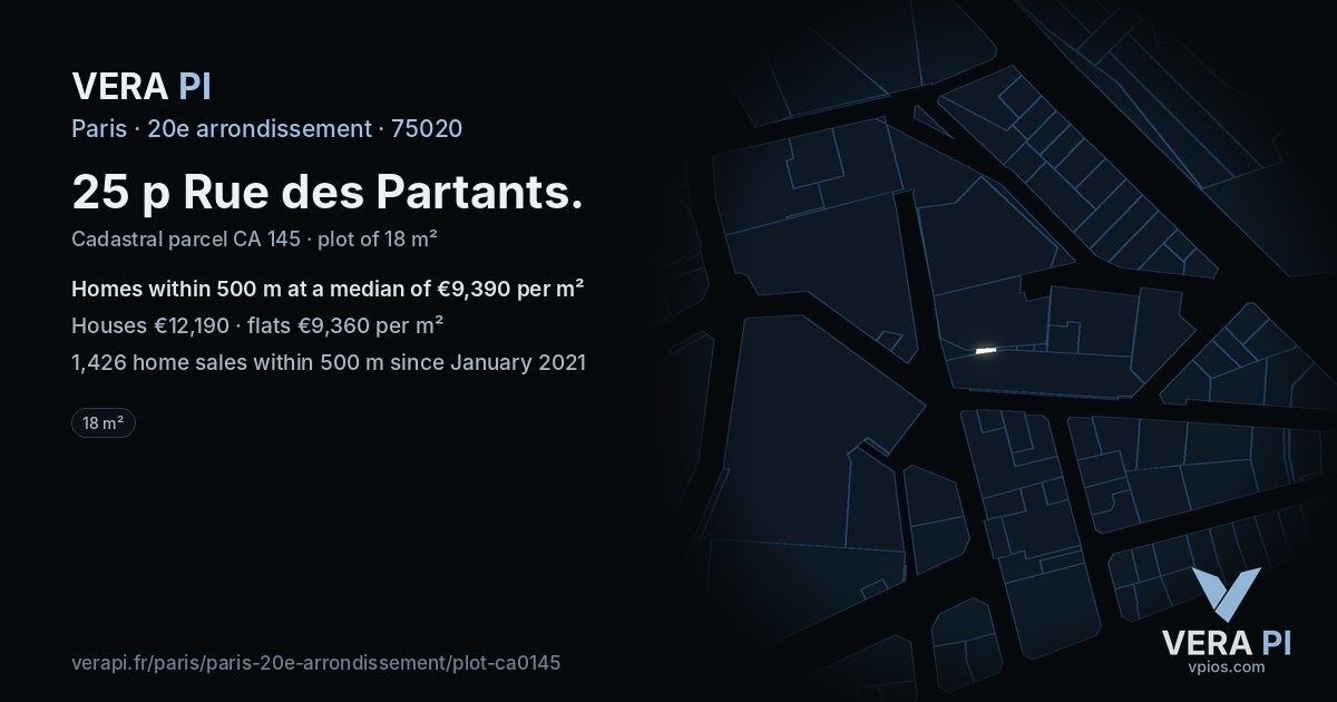 25 p Rue des Partants, 20e arrondissement at night – the plot lit, the parcels around coloured by the prices near them