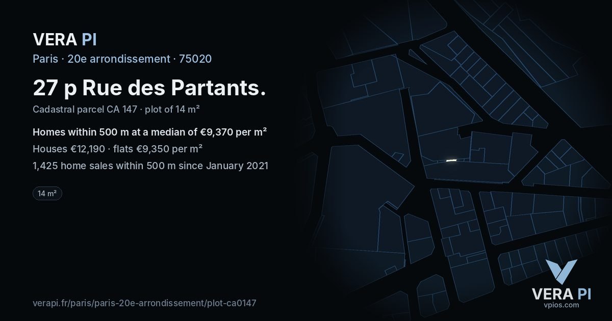 27 p Rue des Partants, 20e arrondissement at night – the plot lit, the parcels around coloured by the prices near them