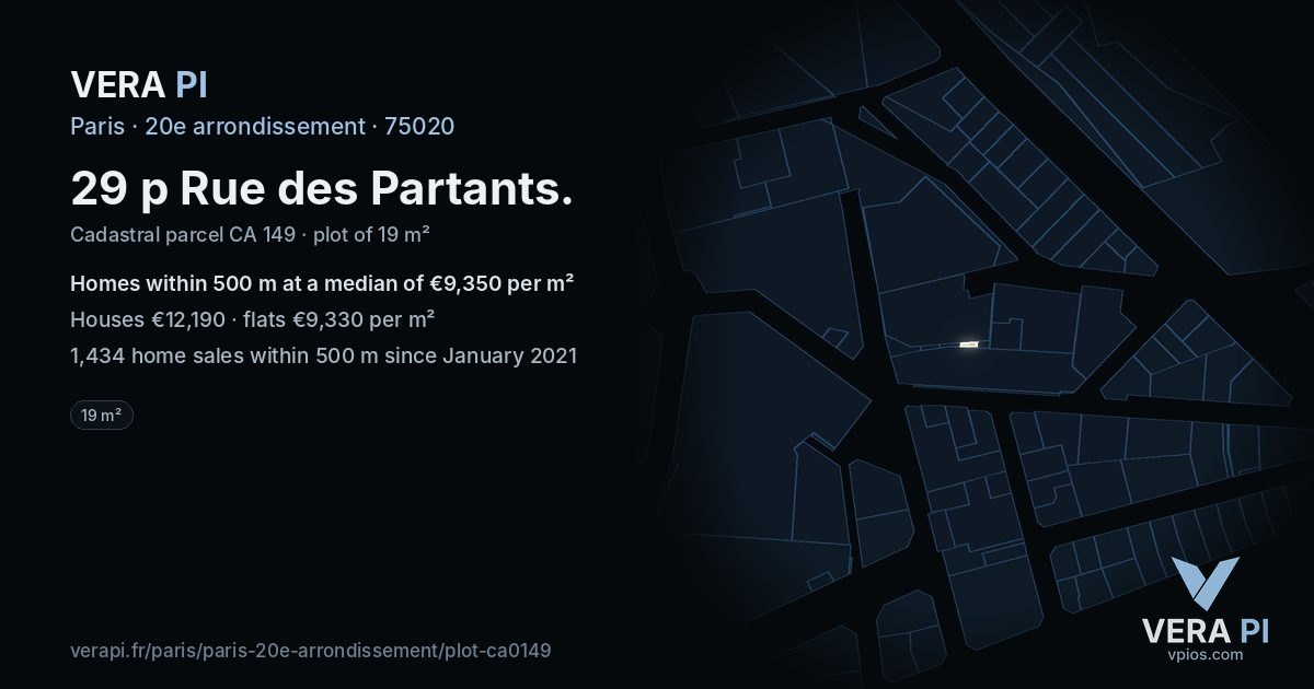 29 p Rue des Partants, 20e arrondissement at night – the plot lit, the parcels around coloured by the prices near them