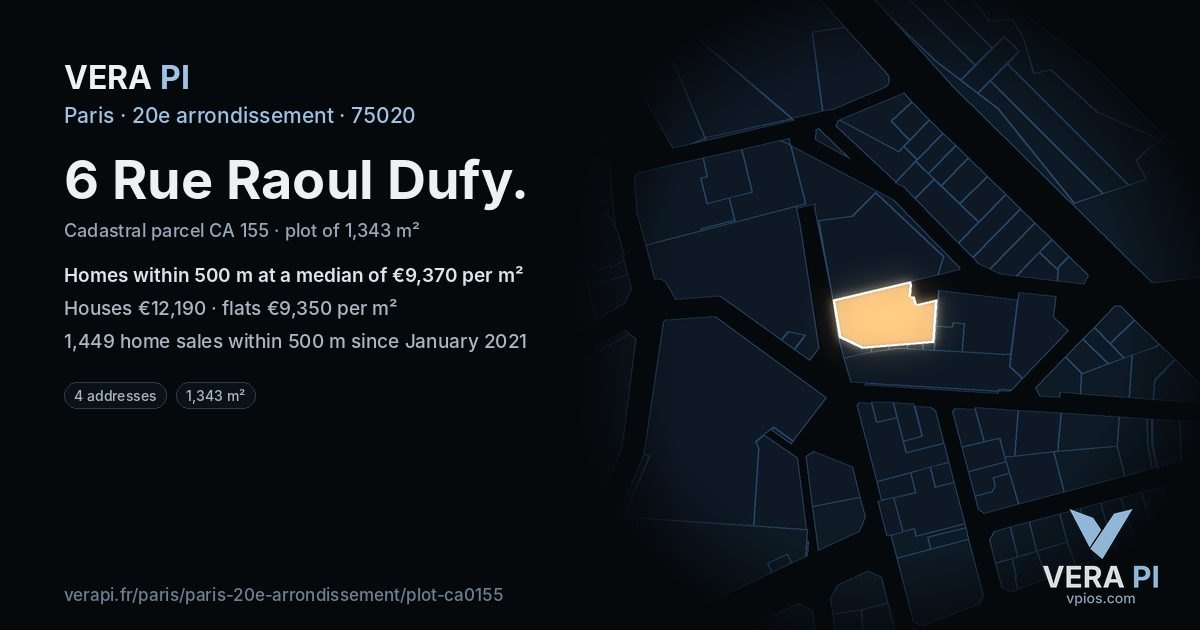 6 Rue Raoul Dufy, 20e arrondissement at night – the plot lit, the parcels around coloured by the prices near them