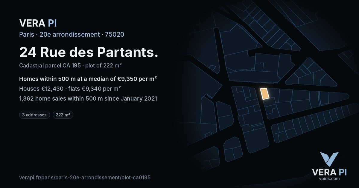 24 Rue des Partants, 20e arrondissement at night – the plot lit, the parcels around coloured by the prices near them