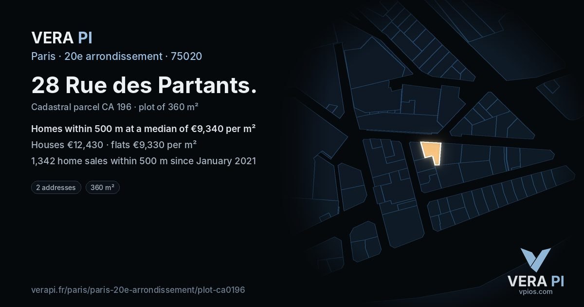 28 Rue des Partants, 20e arrondissement at night – the plot lit, the parcels around coloured by the prices near them