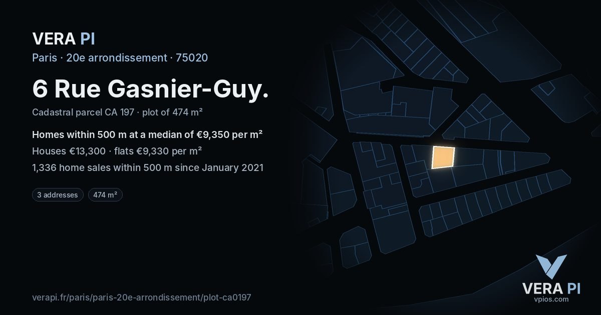 6 Rue Gasnier-Guy, 20e arrondissement at night – the plot lit, the parcels around coloured by the prices near them