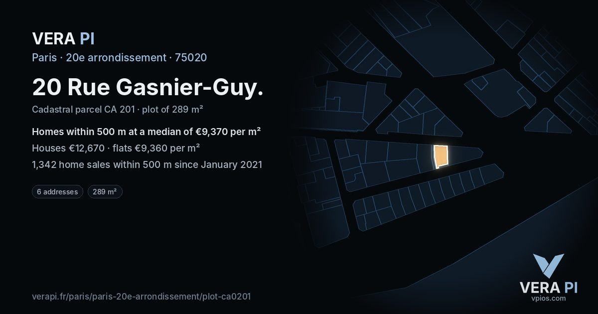 20 Rue Gasnier-Guy, 20e arrondissement at night – the plot lit, the parcels around coloured by the prices near them