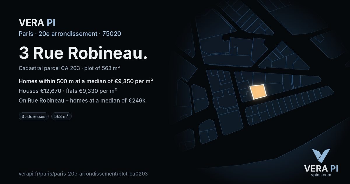 3 Rue Robineau, 20e arrondissement at night – the plot lit, the parcels around coloured by the prices near them