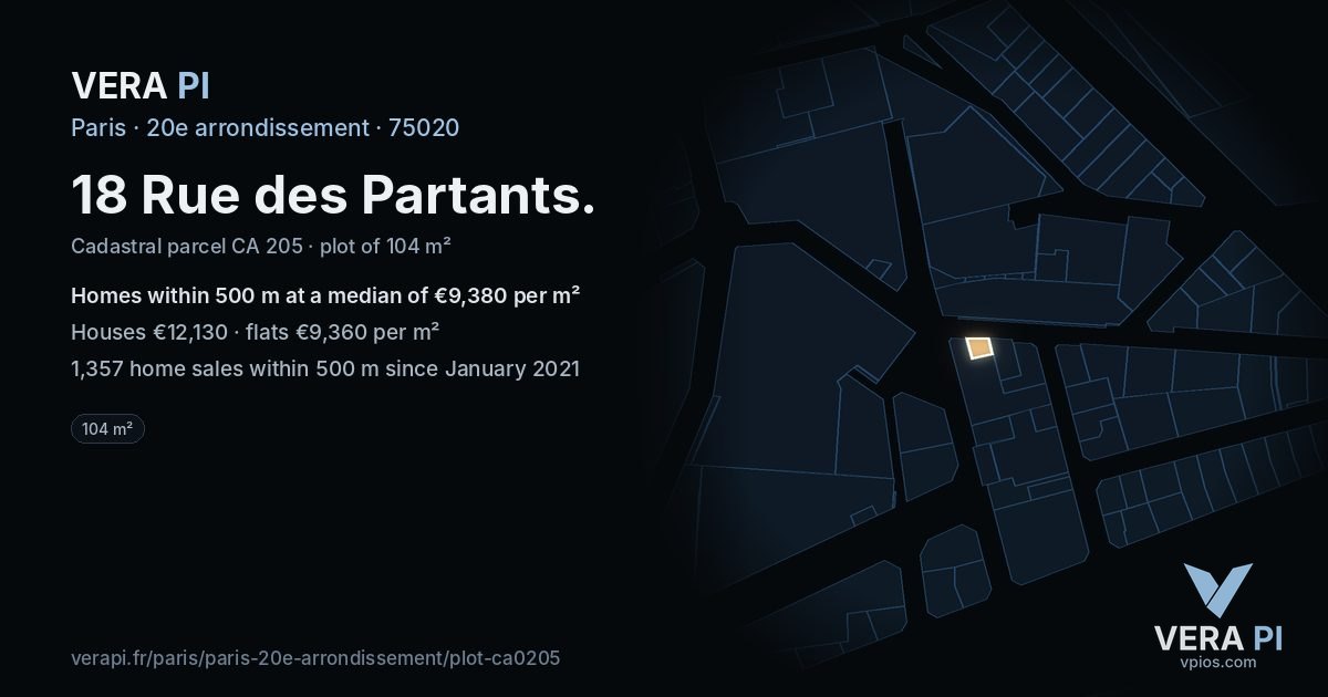 18 Rue des Partants, 20e arrondissement at night – the plot lit, the parcels around coloured by the prices near them