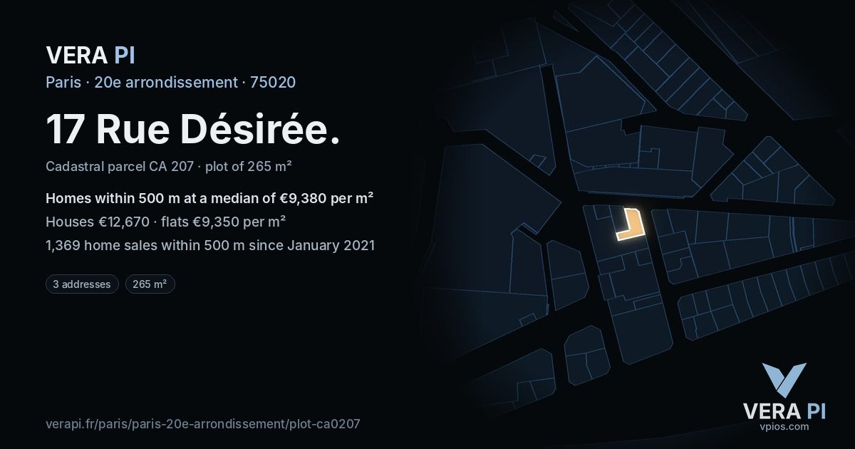 17 Rue Désirée, 20e arrondissement at night – the plot lit, the parcels around coloured by the prices near them