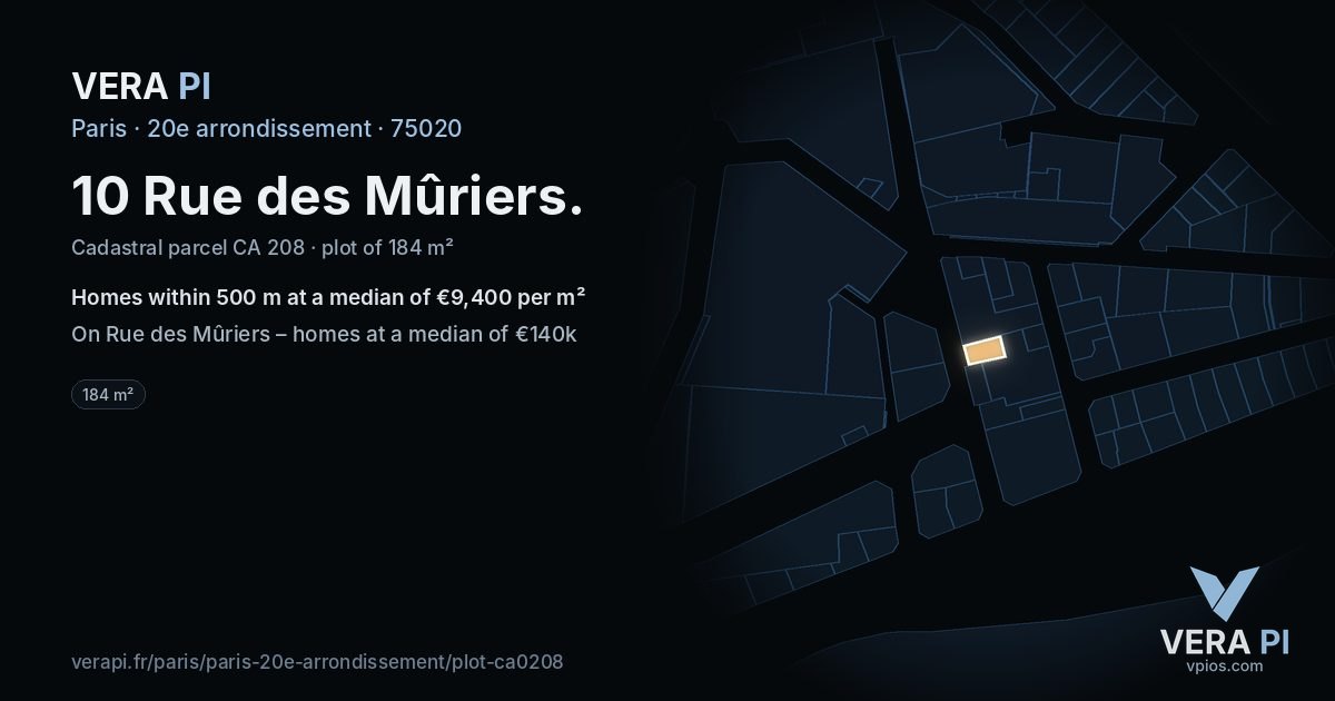 10 Rue des Mûriers, 20e arrondissement at night – the plot lit, the parcels around coloured by the prices near them