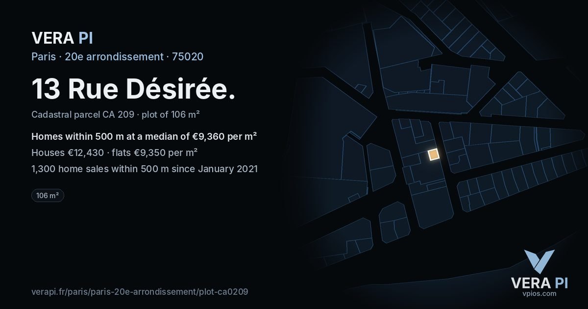 13 Rue Désirée, 20e arrondissement at night – the plot lit, the parcels around coloured by the prices near them