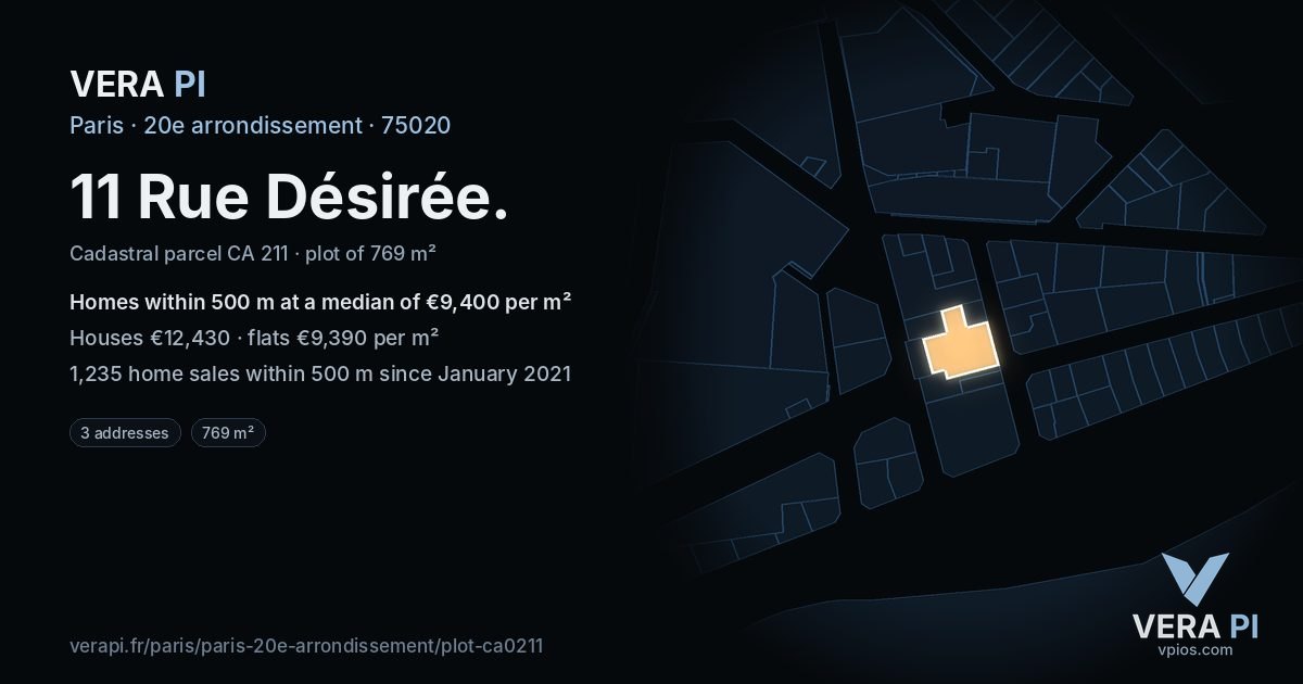 11 Rue Désirée, 20e arrondissement at night – the plot lit, the parcels around coloured by the prices near them