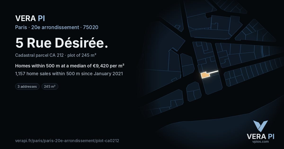 5 Rue Désirée, 20e arrondissement at night – the plot lit, the parcels around coloured by the prices near them
