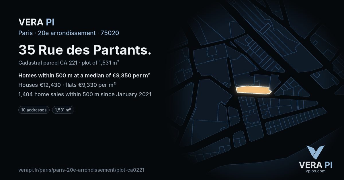 35 Rue des Partants, 20e arrondissement at night – the plot lit, the parcels around coloured by the prices near them