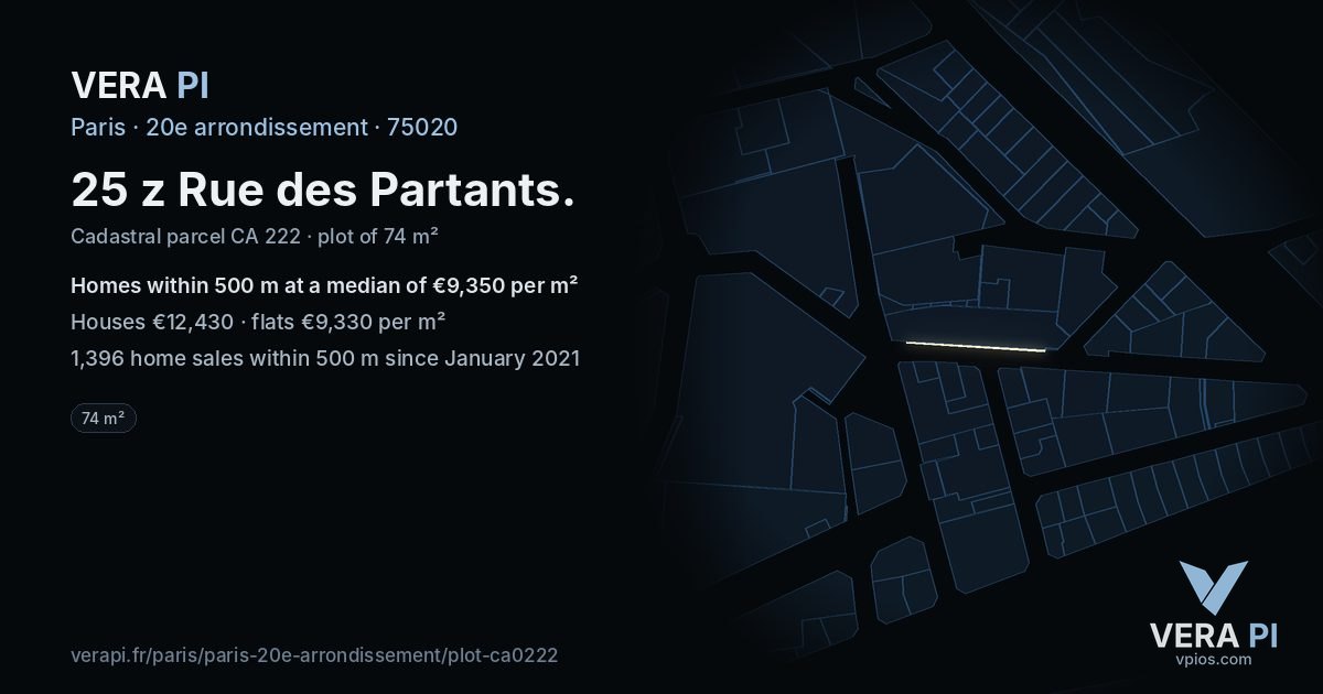 25 z Rue des Partants, 20e arrondissement at night – the plot lit, the parcels around coloured by the prices near them