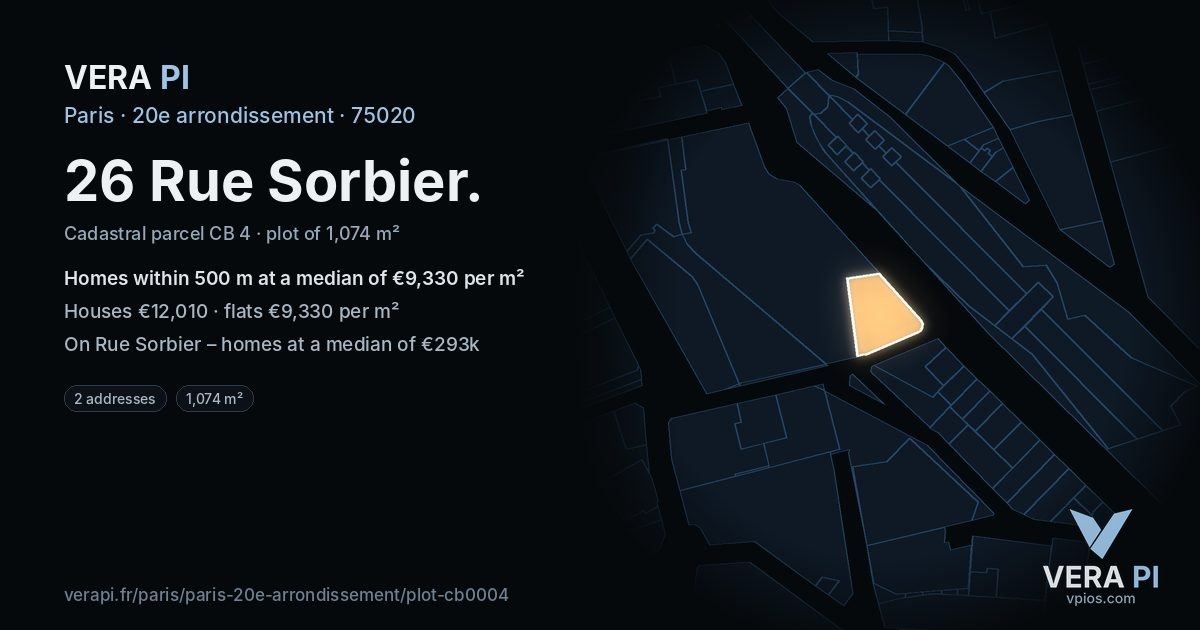 26 Rue Sorbier, 20e arrondissement at night – the plot lit, the parcels around coloured by the prices near them