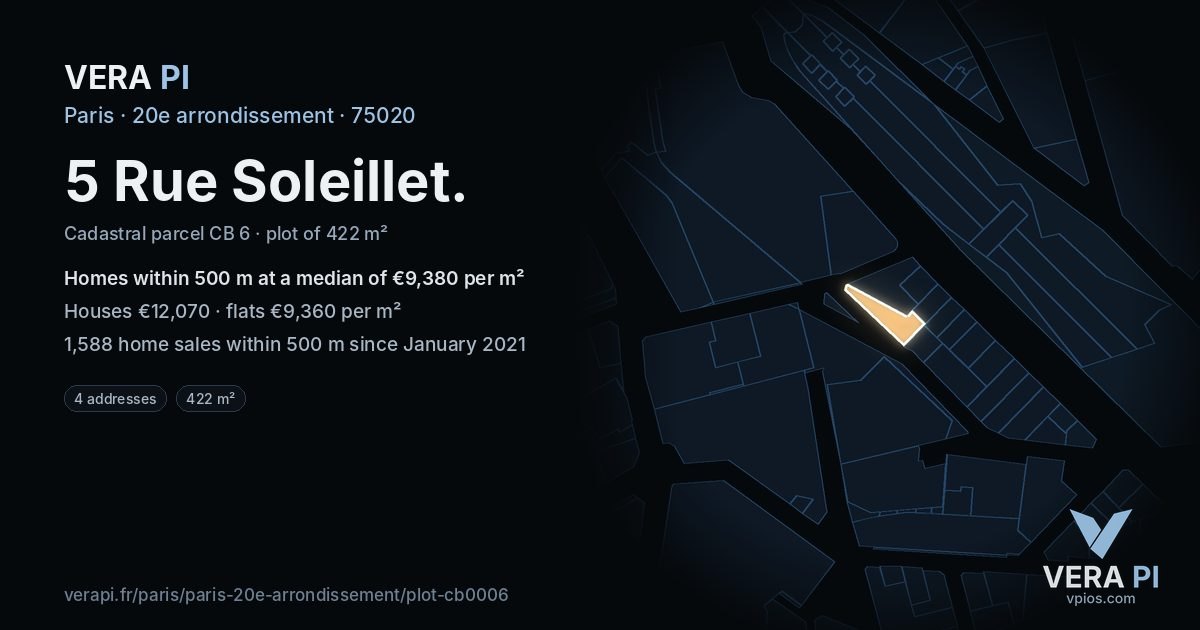 5 Rue Soleillet, 20e arrondissement at night – the plot lit, the parcels around coloured by the prices near them