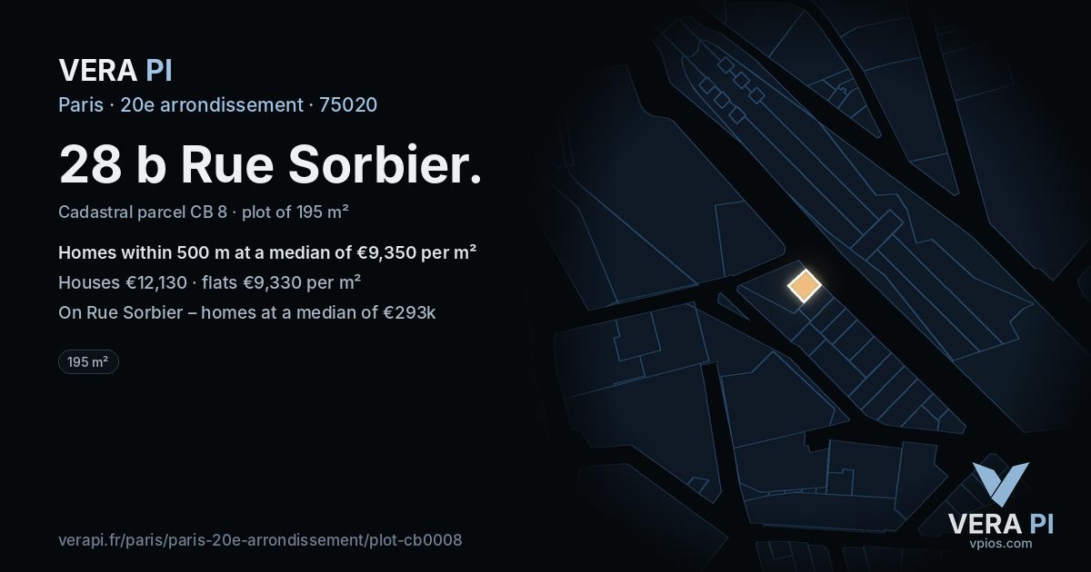 28 b Rue Sorbier, 20e arrondissement at night – the plot lit, the parcels around coloured by the prices near them
