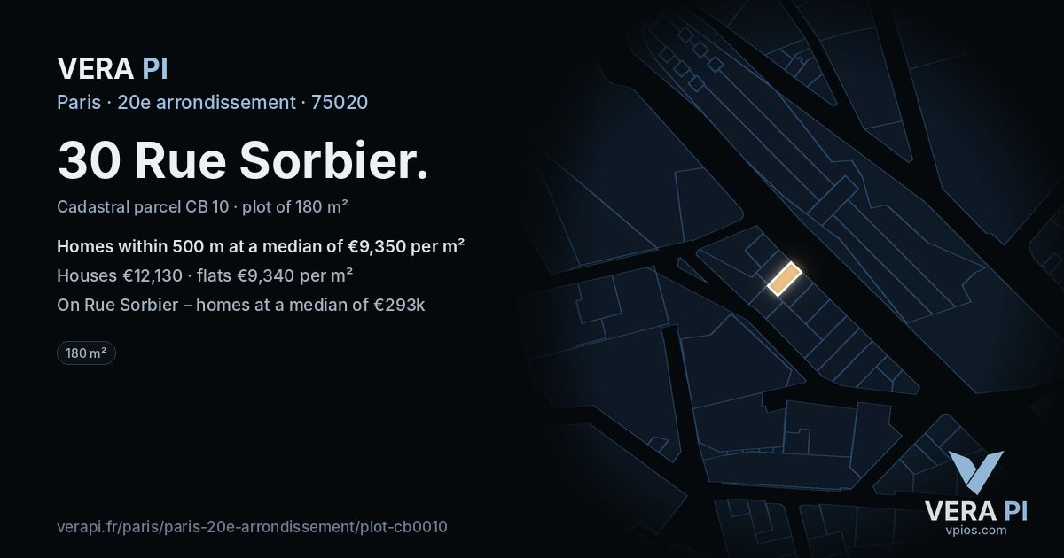 30 Rue Sorbier, 20e arrondissement at night – the plot lit, the parcels around coloured by the prices near them