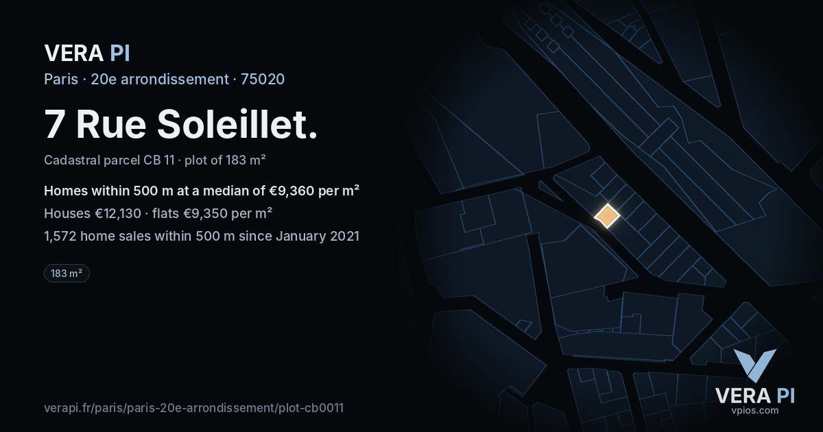 7 Rue Soleillet, 20e arrondissement at night – the plot lit, the parcels around coloured by the prices near them