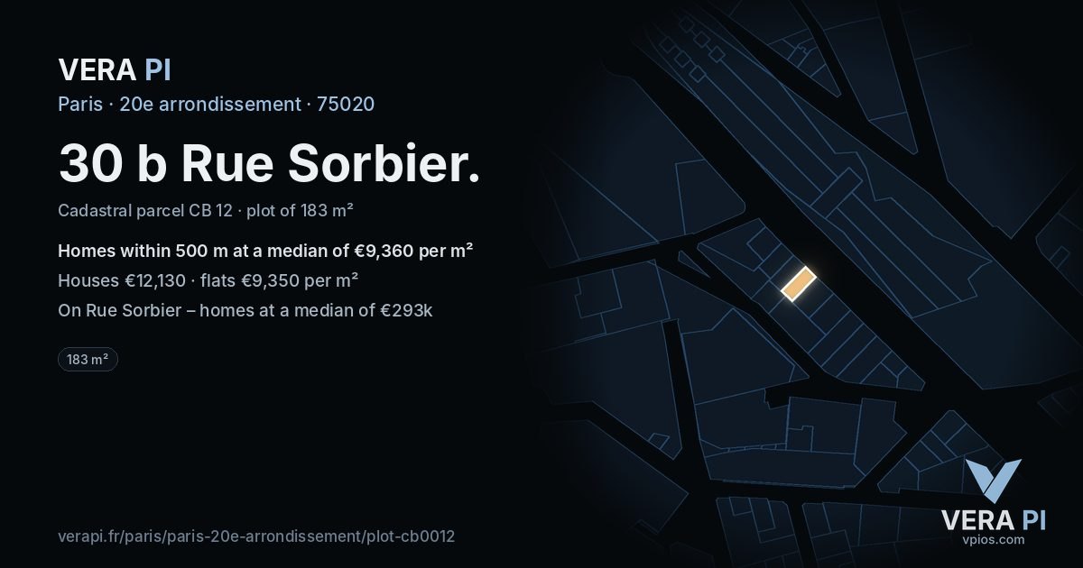 30 b Rue Sorbier, 20e arrondissement at night – the plot lit, the parcels around coloured by the prices near them